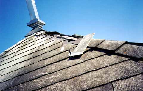 Photograph of the damaged roof of the bell tower.